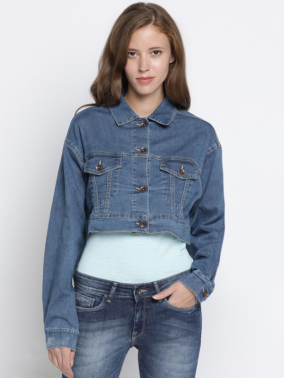 Pepe Jeans Women Blue Washed Crop Pure Cotton Denim Jacket Price in India