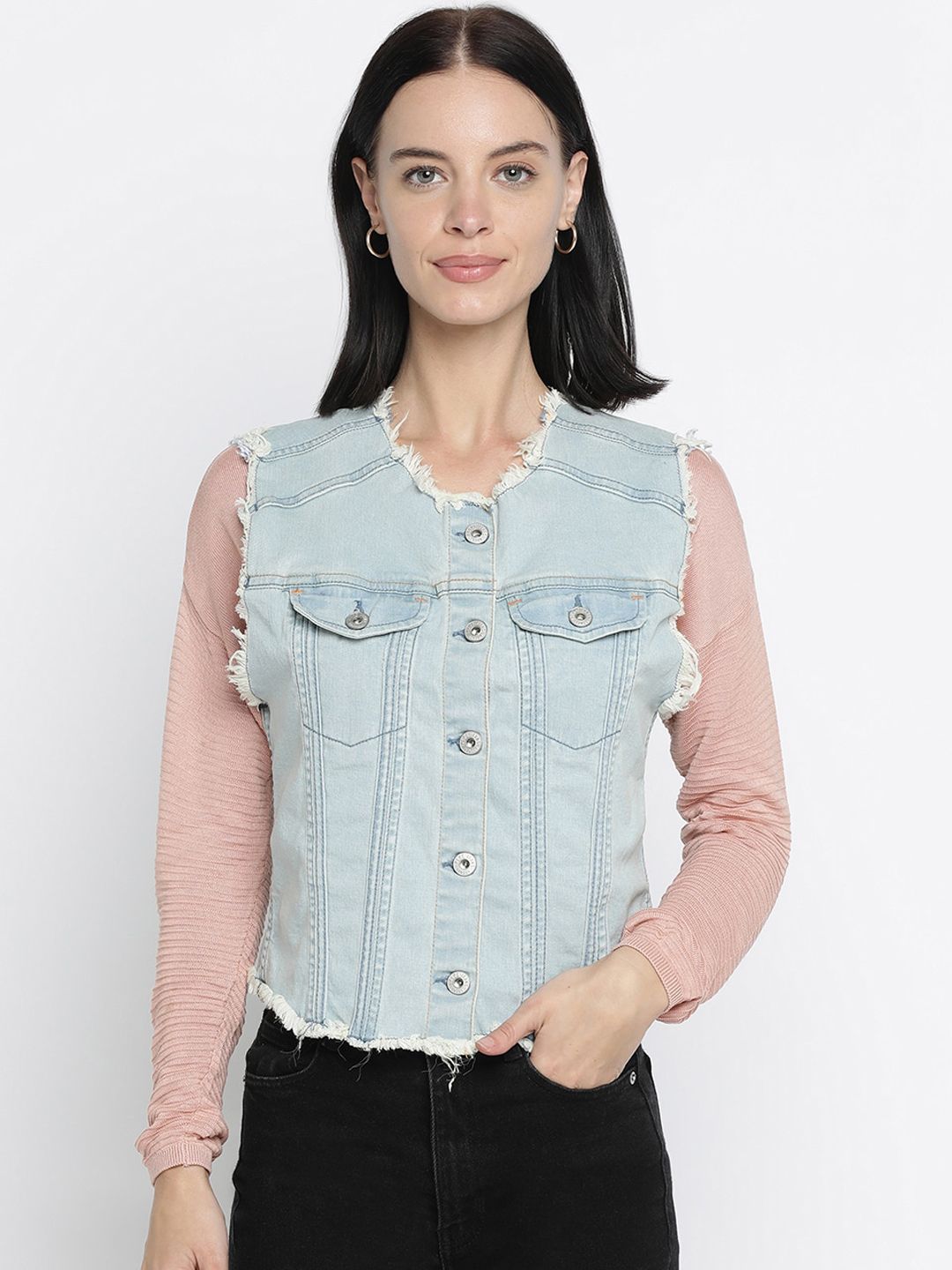 Pepe Jeans Women Blue Washed Collarless Pure Cotton Denim Jacket Price in India