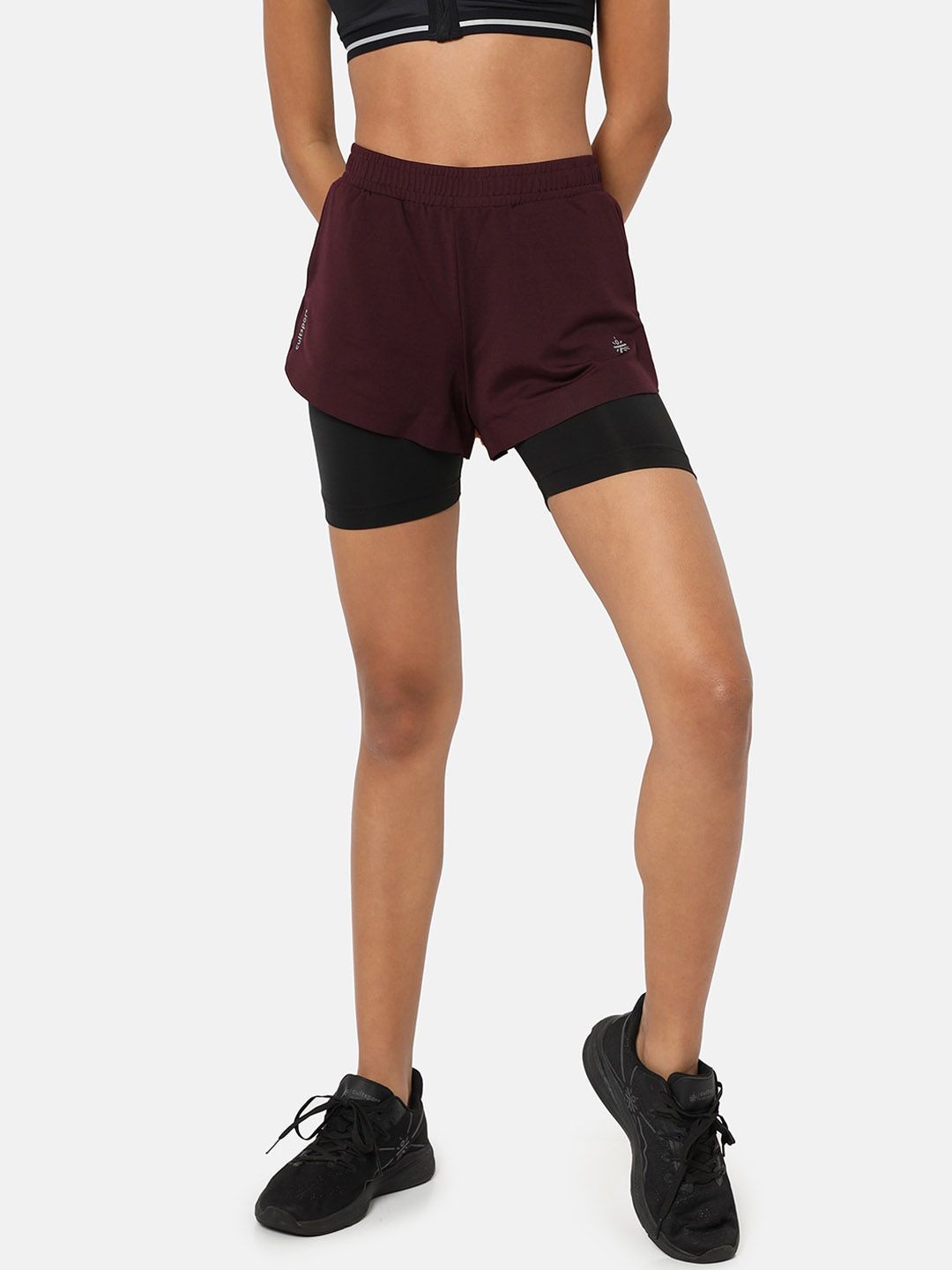 Cultsport Women Burgundy High-Rise Training or Gym Sports Shorts With Inner Tights Price in India