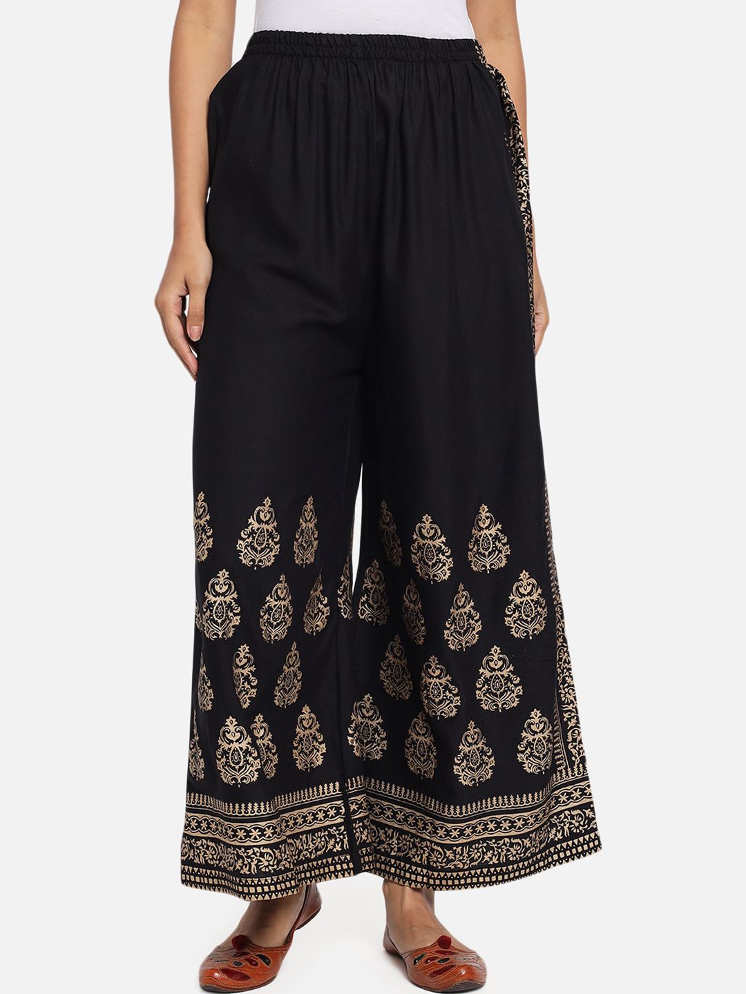 Vastraa Fusion Women Black & Gold-Toned Ethnic Motifs Printed Ethnic Palazzos Price in India