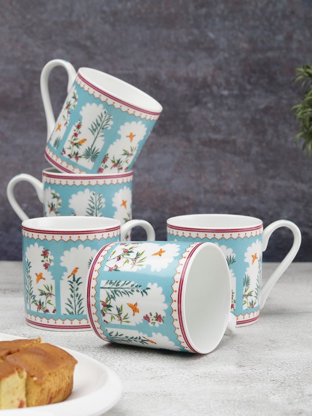 India Circus White & Blue Floral Printed Ceramic Glossy Cups Set of 6 Cups Price in India