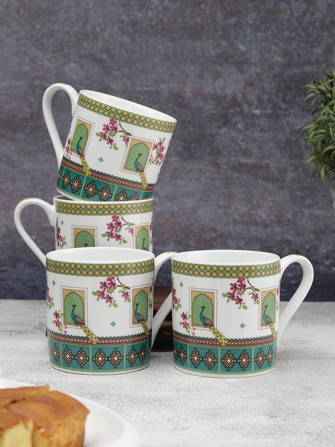 India Circus White & Green Floral Printed Ceramic Glossy Cups Set of Cups and Mugs Price in India