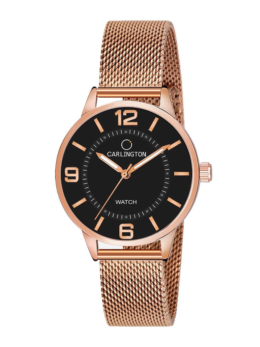 CARLINGTON Women Black Dial & Rose Gold Toned Stainless Steel Bracelet Style Straps Analogue Watch CT2002 Price in India