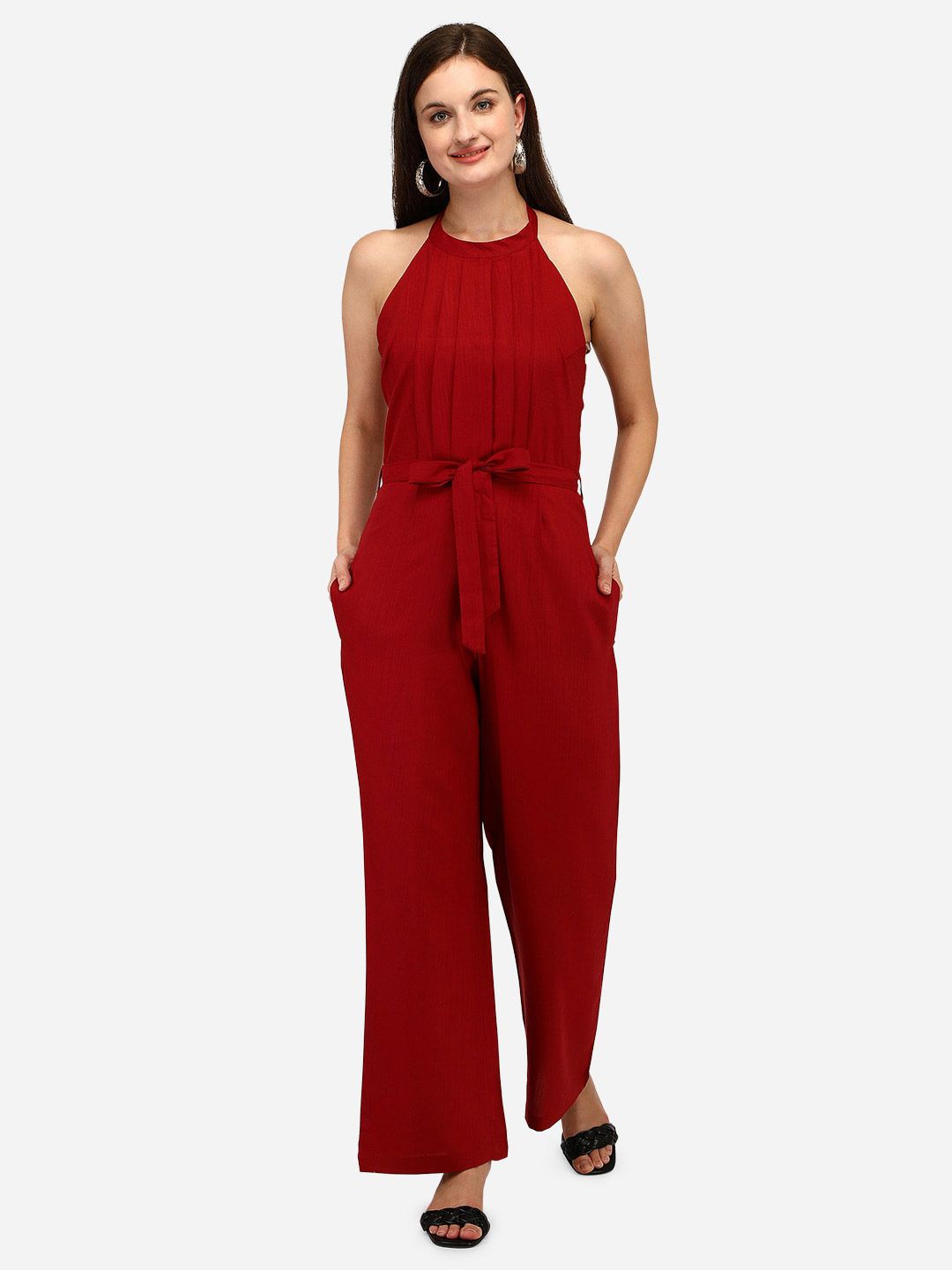 Yuvraah Maroon Halter Neck Basic Jumpsuit Price in India