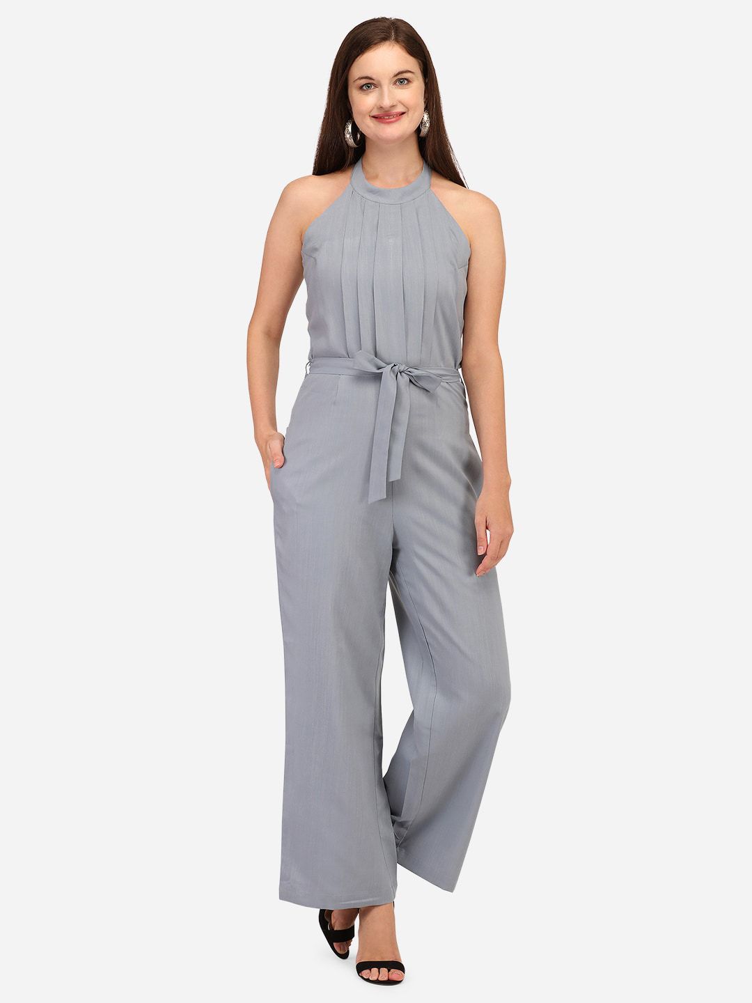 Yuvraah Women Silver-Toned Solid Halter Neck Basic Jumpsuit With Waist Tie-Ups Price in India