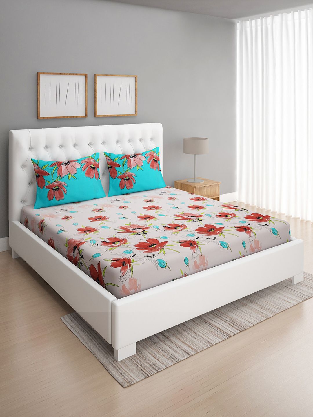 ROMEE Beige & Maroon Floral Printed 144 TC Queen Bedsheet with 2 Pillow Covers Price in India