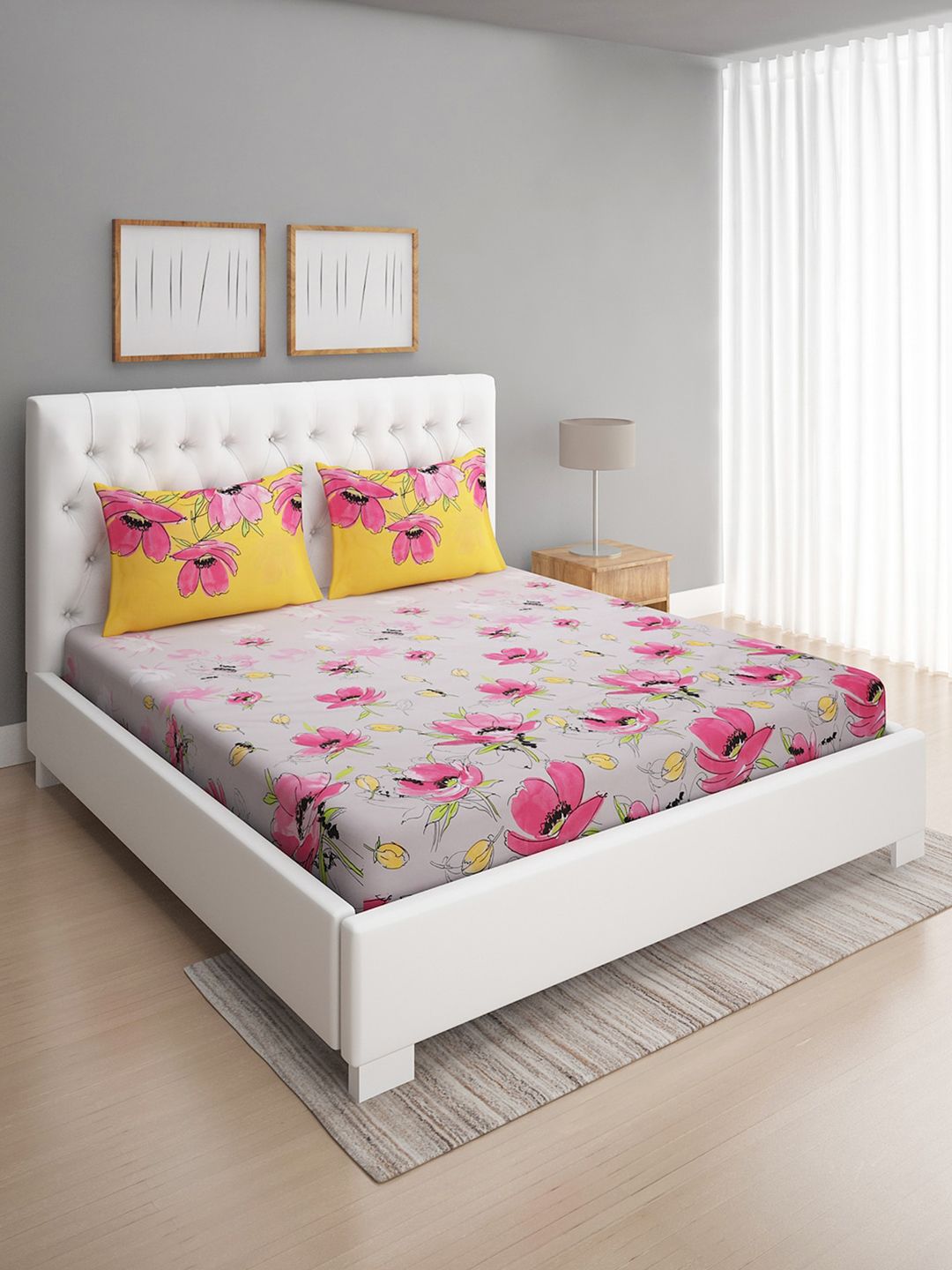 ROMEE Grey & Pink Floral 144 TC Queen Bedsheet with 2 Pillow Covers Price in India