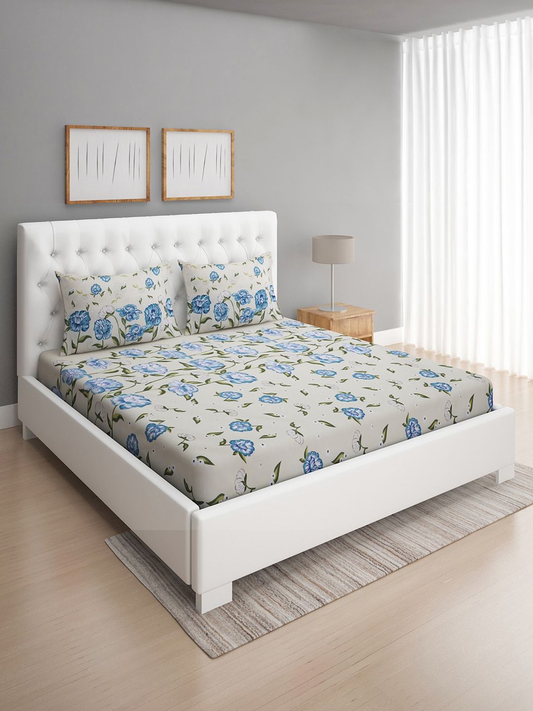 ROMEE Off White & Blue Floral 144 TC Queen Bedsheet with 2 Pillow Covers Price in India