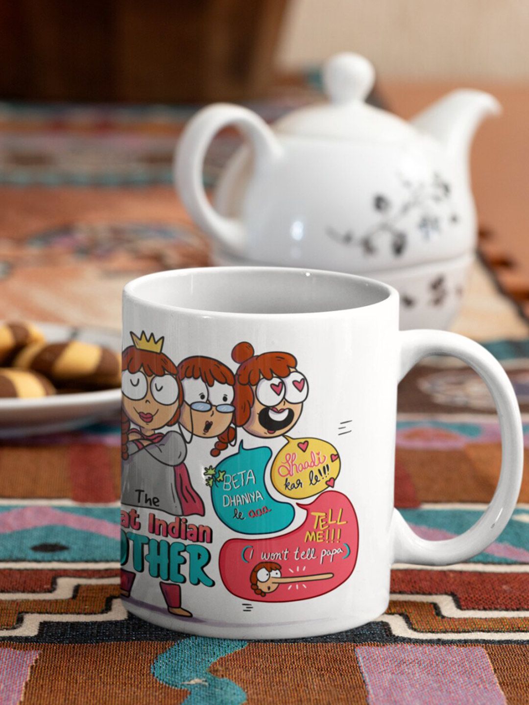 Oye Happy White & Brown Printed Ceramic Glossy Mugs Price in India