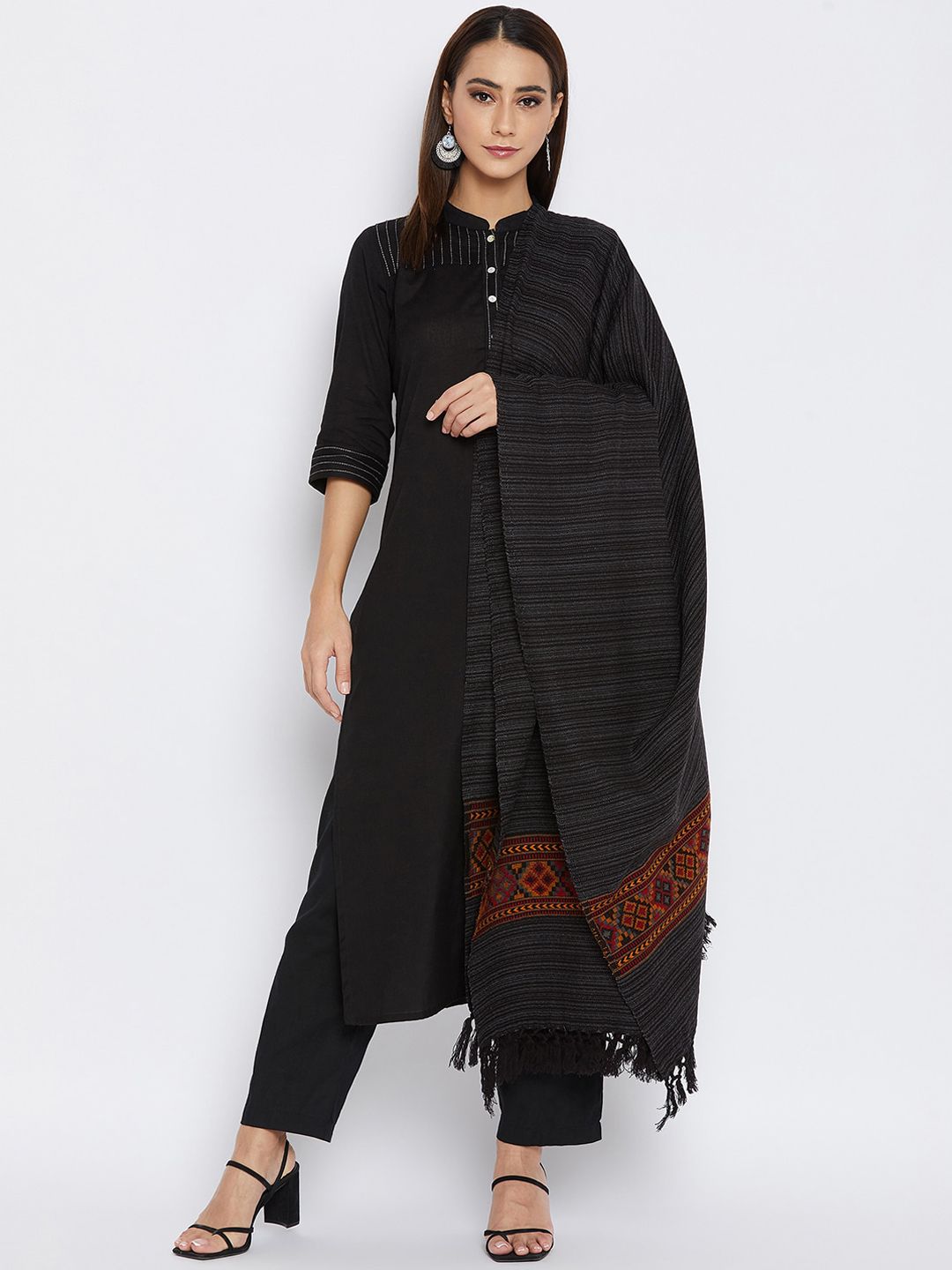 VERO AMORE Women Black & Red Woven Kullu Design Jacquard Shawl Price in India