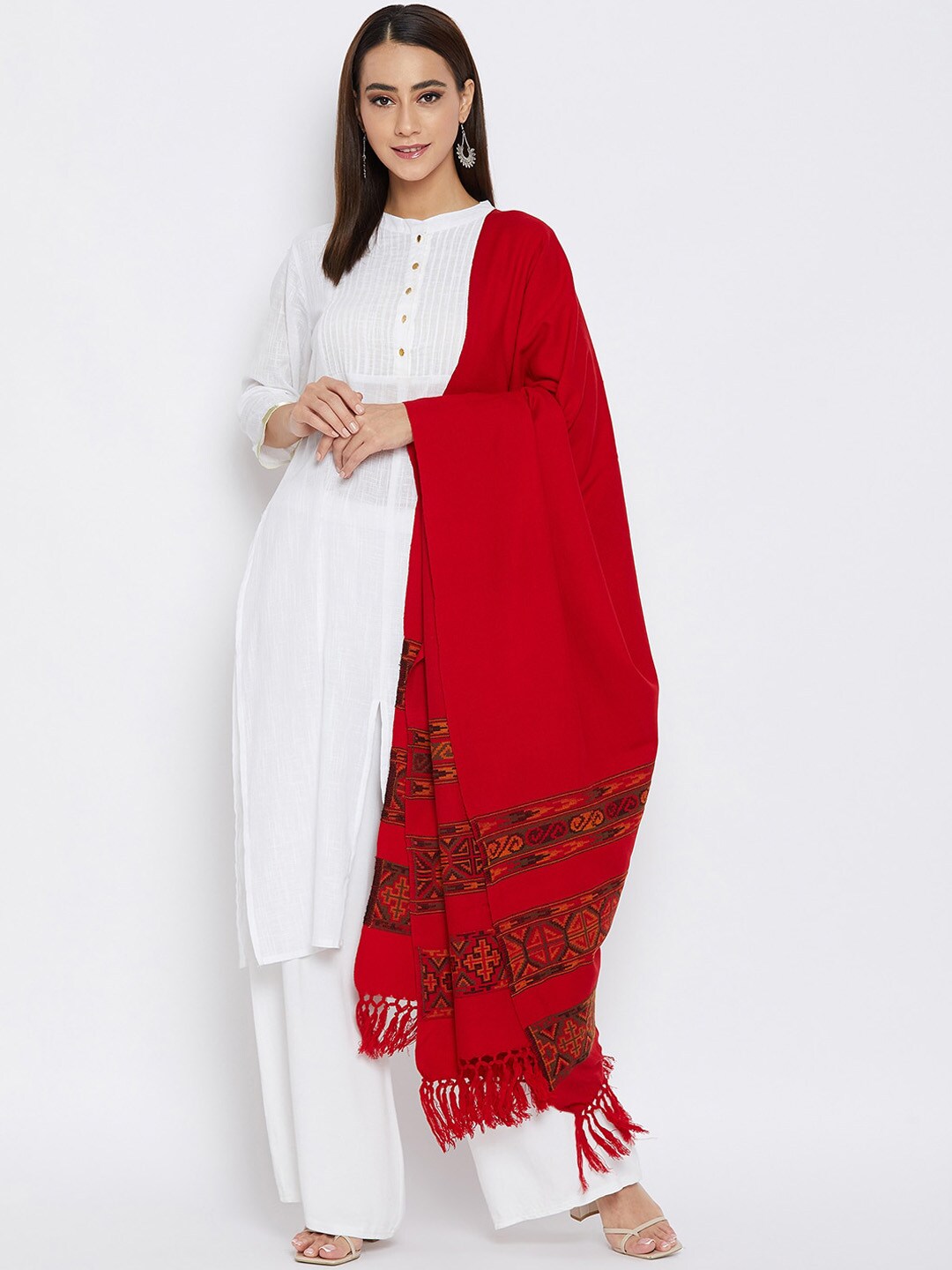 VERO AMORE Women Red & Black Kullu Design Jacquard Shawl Price in India