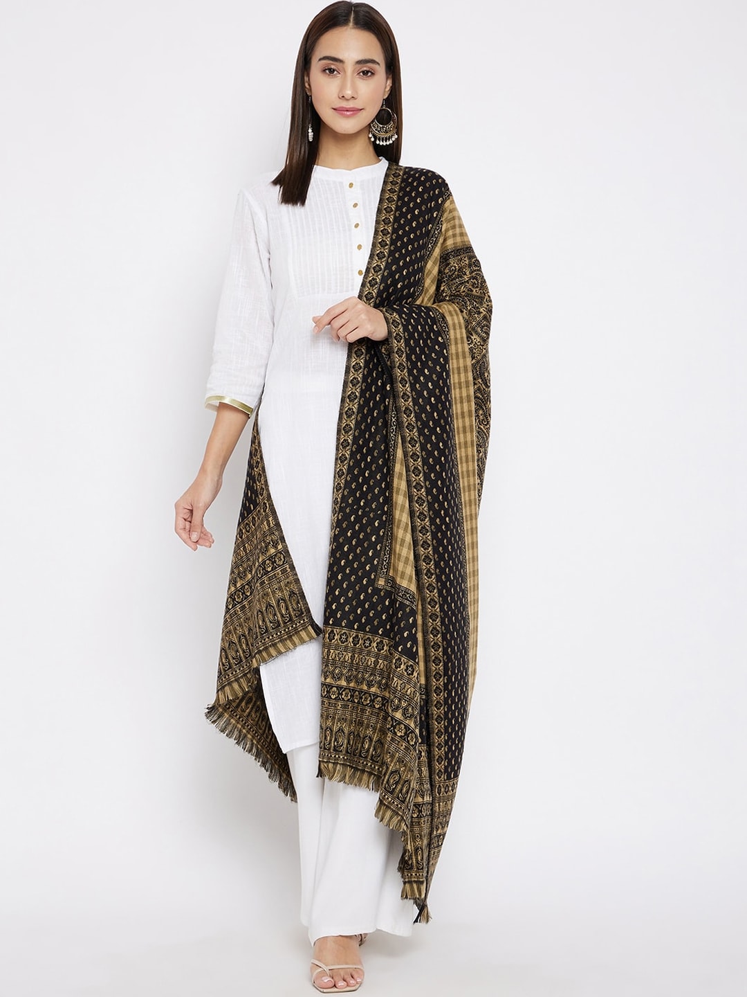 VERO AMORE Women Black & Beige Paisley Woven Design Shawl Price in India