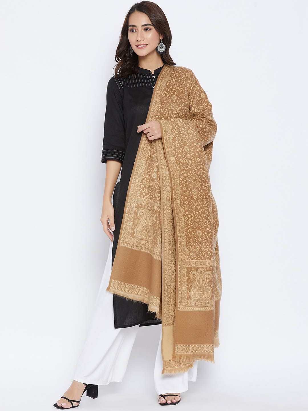 VERO AMORE Women Beige Woven-Design Jacquard Shawl Price in India