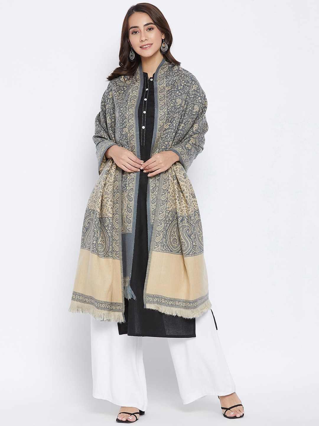 VERO AMORE Women Grey & Beige Woven-Design Jacquard Shawl Price in India
