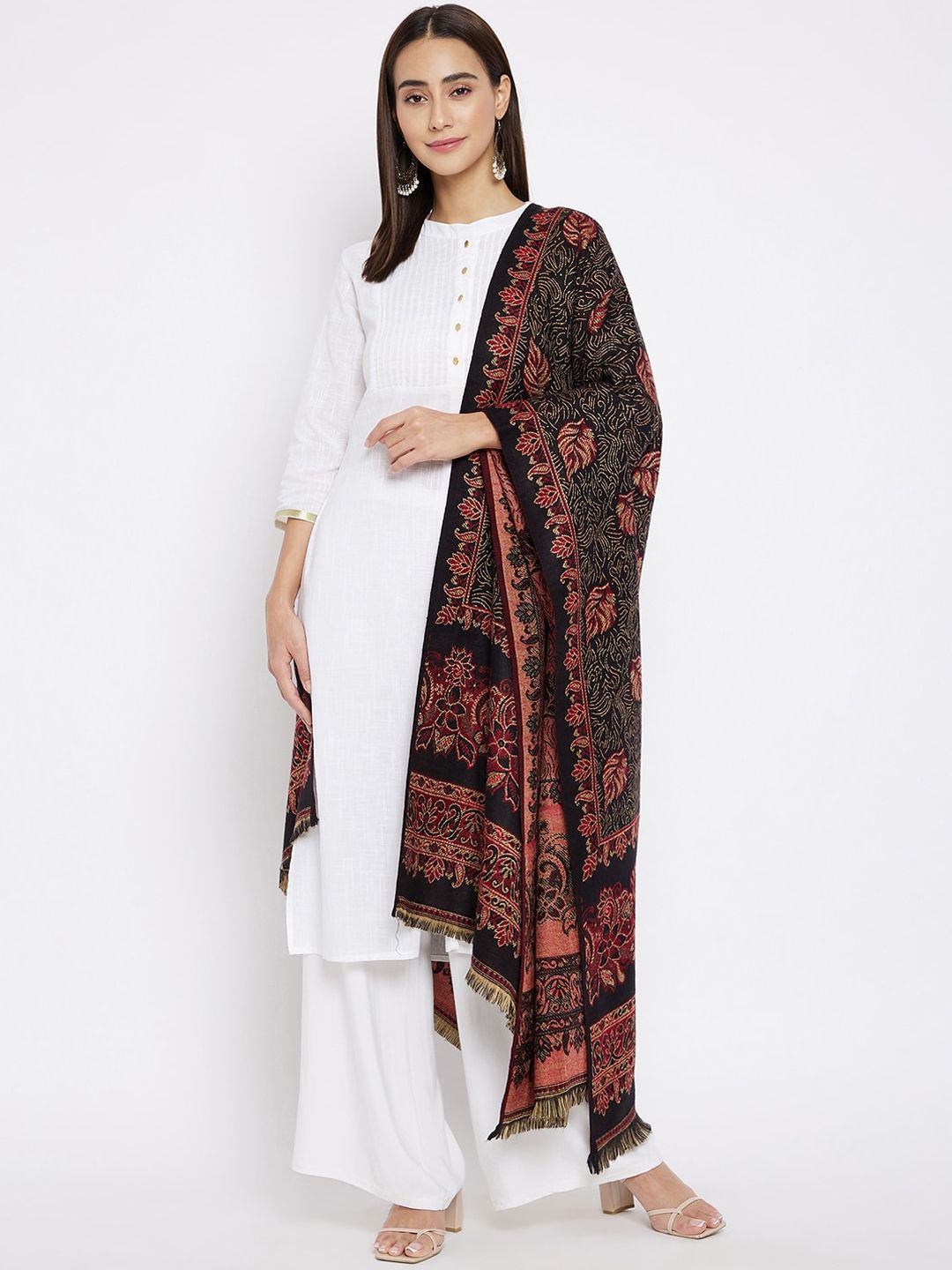 VERO AMORE Women Black & Maroon Woven Design Jacquard Shawl Price in India