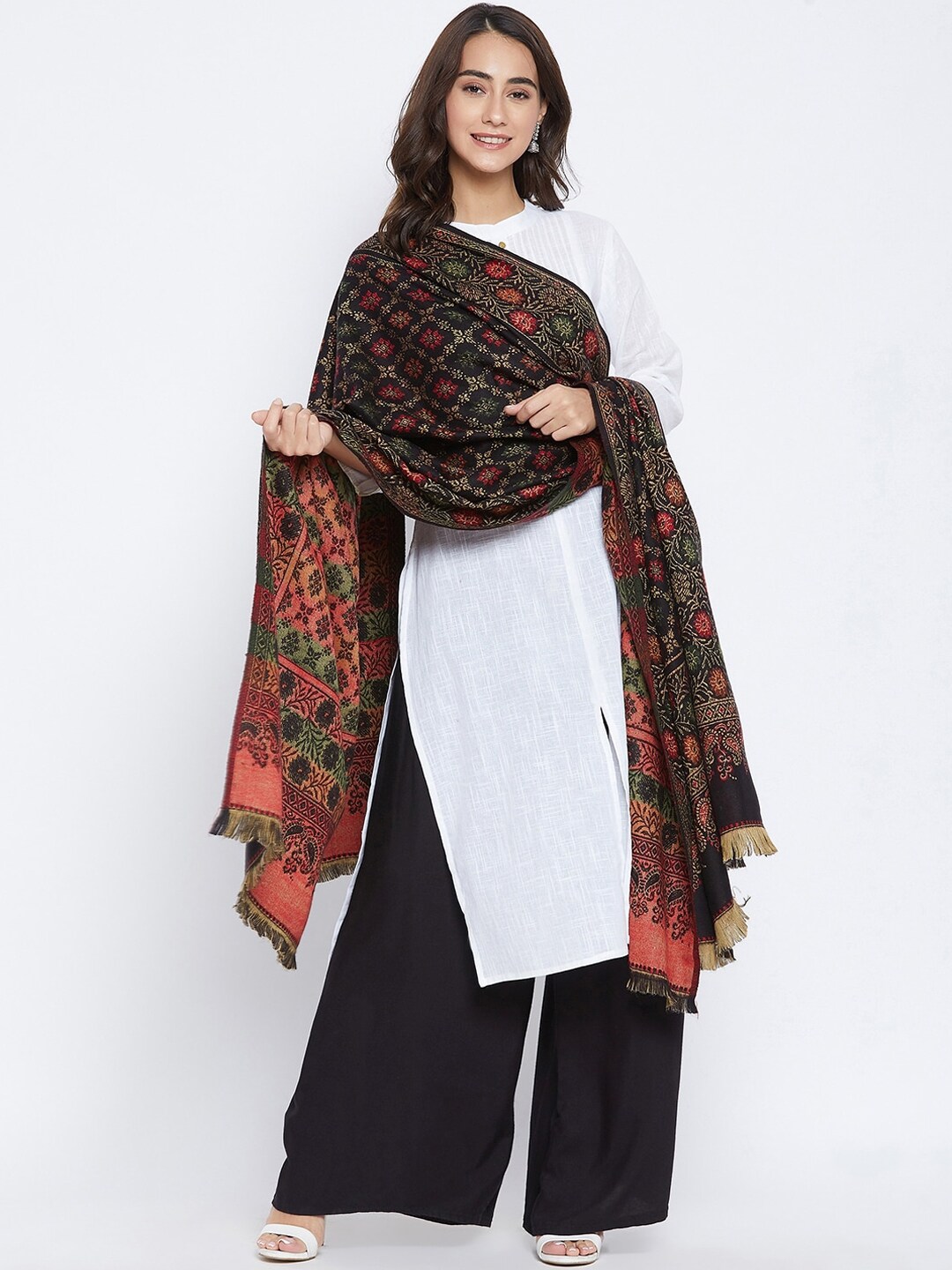 VERO AMORE Women Black & Red Woven-Design Jacquard Shawl Price in India