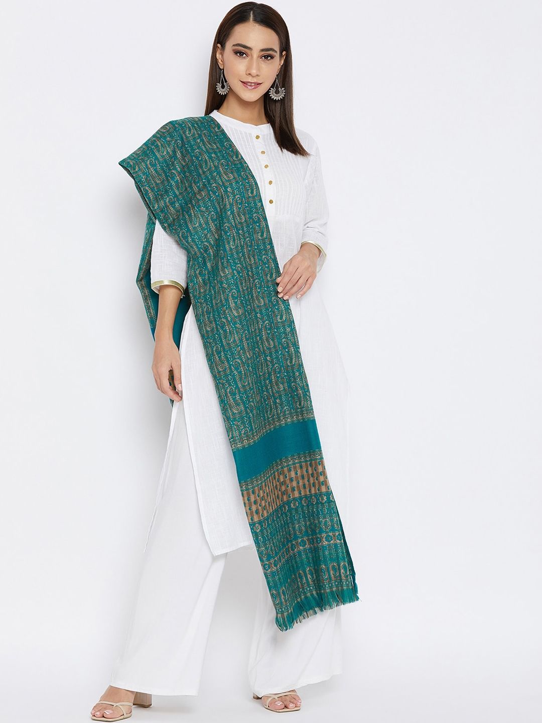 VERO AMORE Women Teal Blue & Beige Paisley Woven Design Jacquard Shawl Price in India