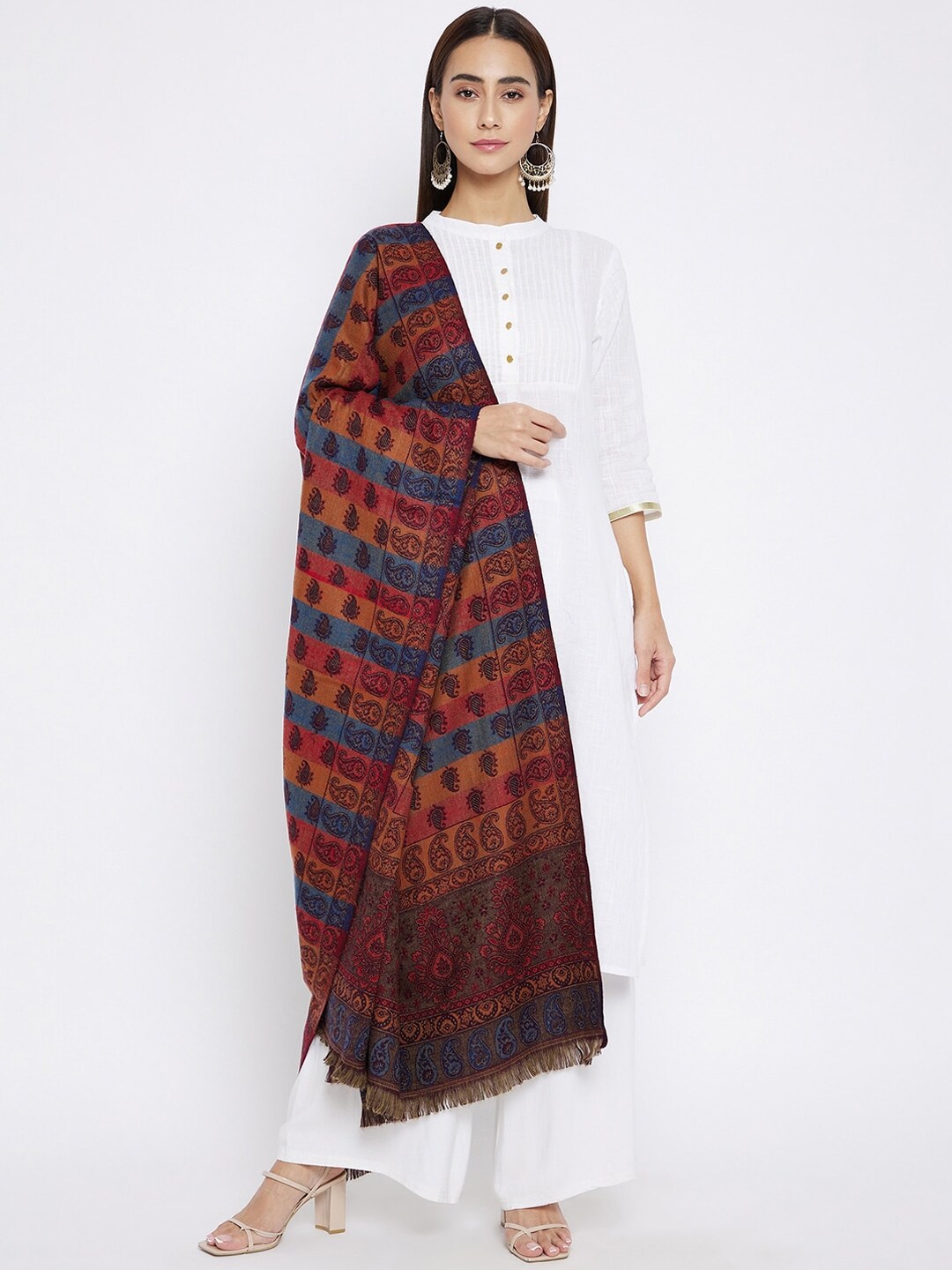 VERO AMORE Women Brown & Orange Woven-Design Jacquard Shawl Price in India