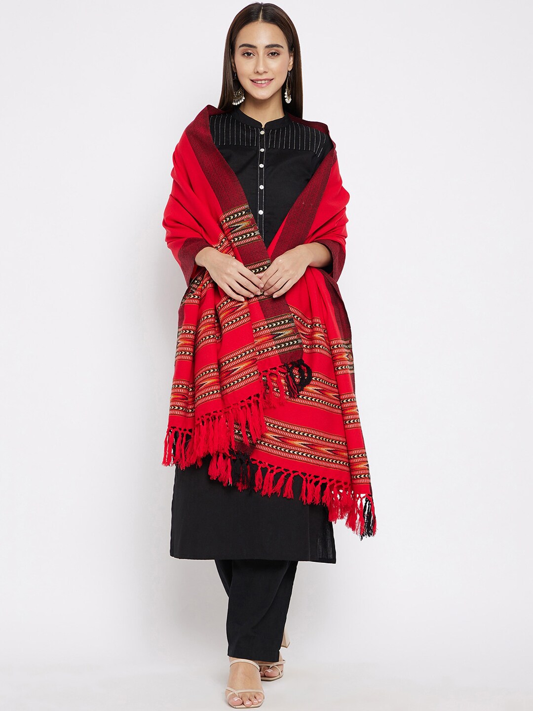 VERO AMORE Women Red & Black Woven-Design Kullu Jacquard Shawl Price in India