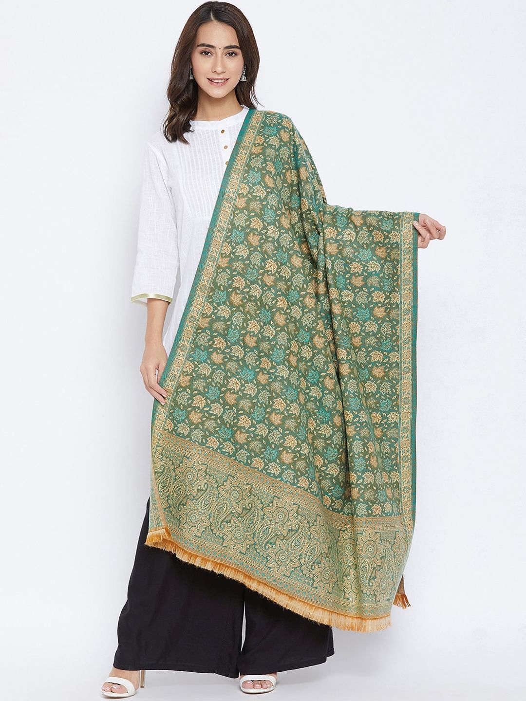 VERO AMORE Women Yellow & Beige Floral Woven Design Jacquard Shawl Price in India