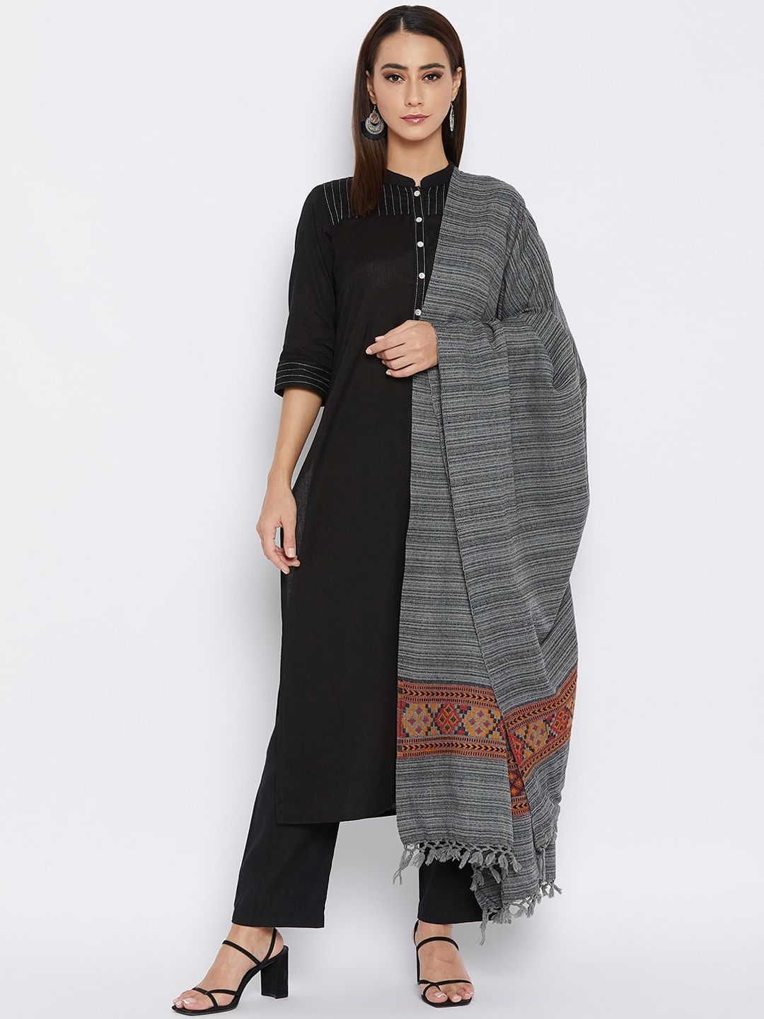 VERO AMORE Women Grey & Orange Woven-Design Jacquard Kullu Shawl Price in India