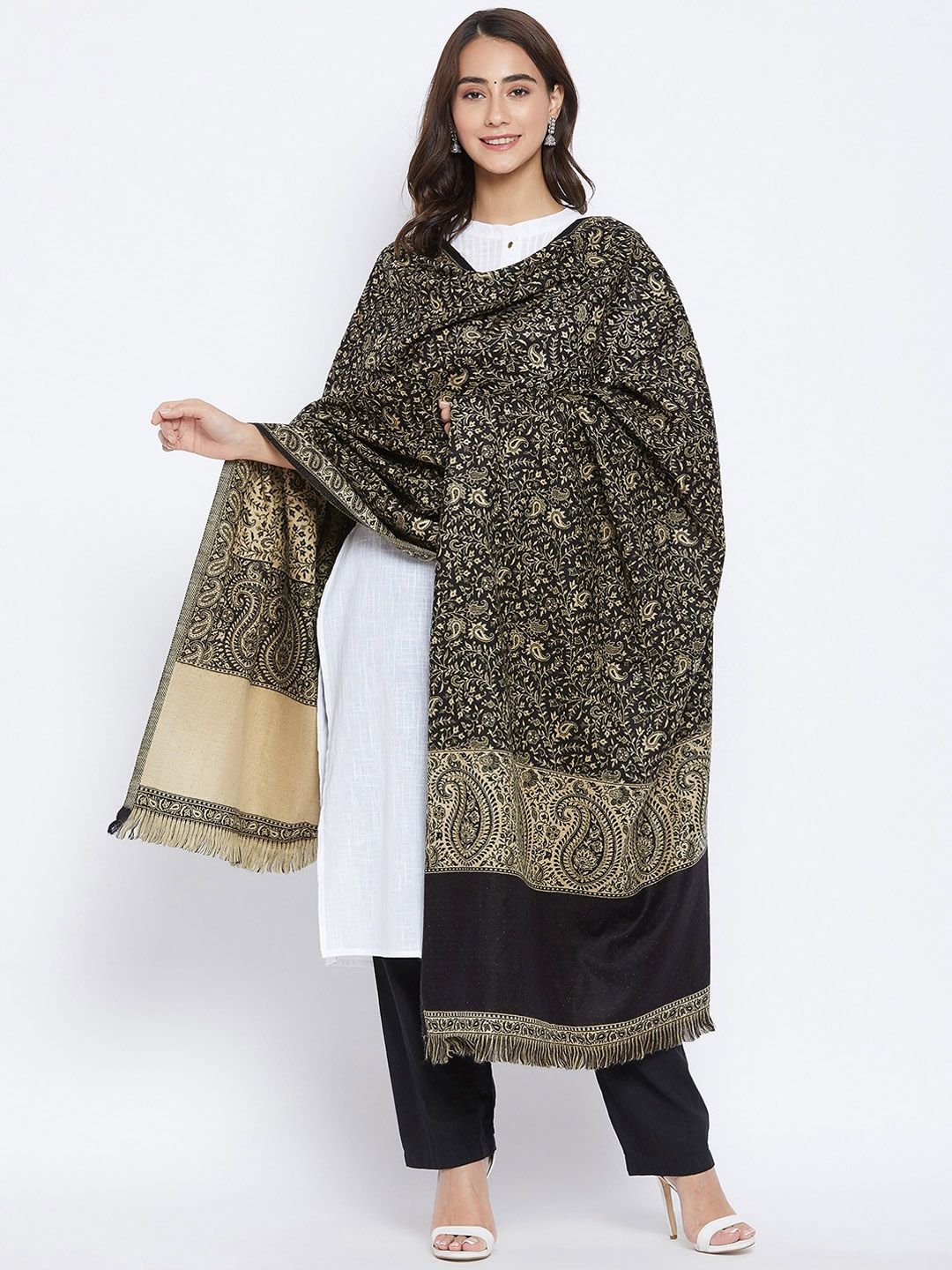 VERO AMORE Women Black & Beige Woven-Design Jacquard Shawl Price in India
