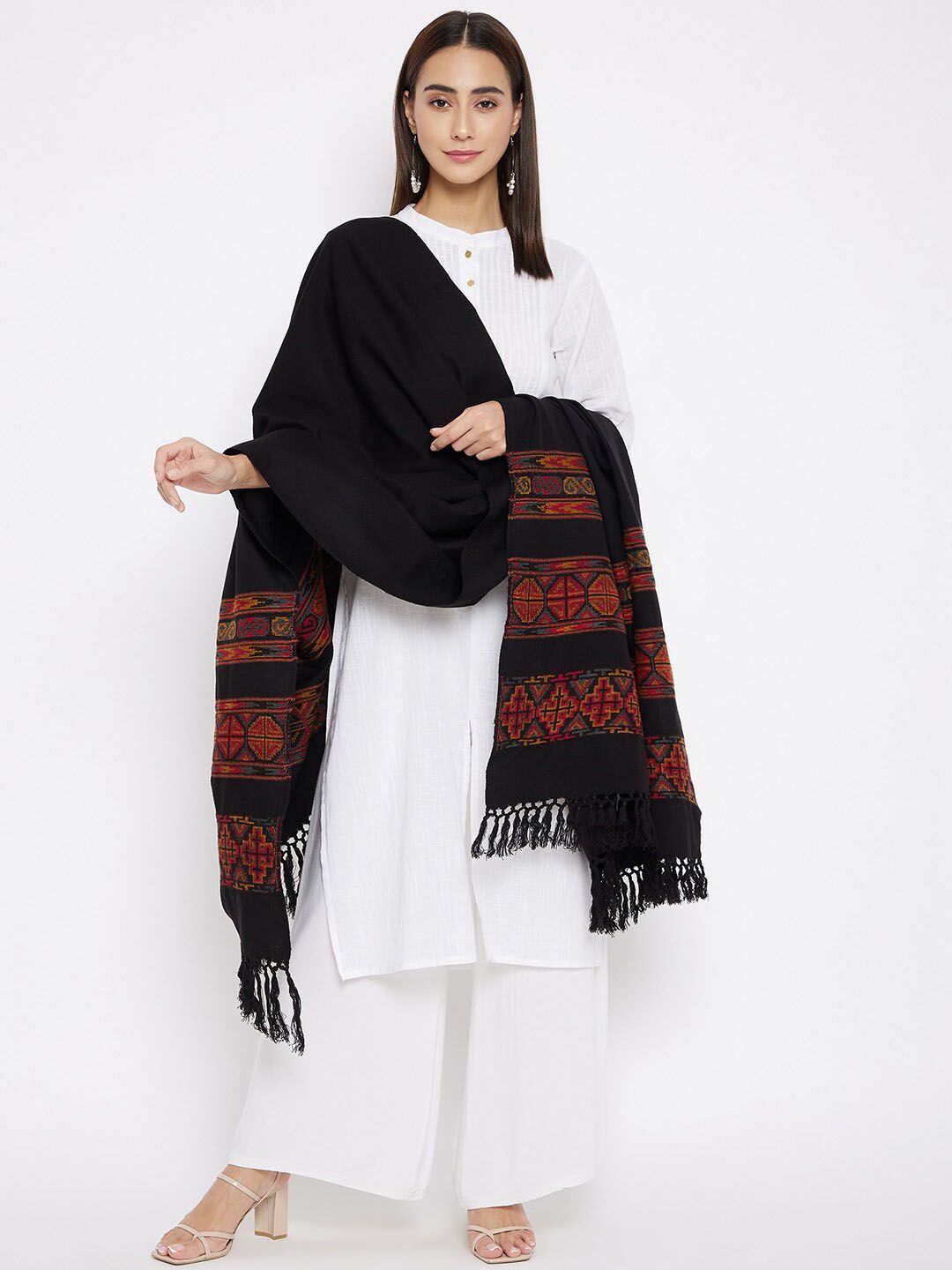 VERO AMORE Women Black & Orange Woven-Design Jacquard Kullu Shawl Price in India