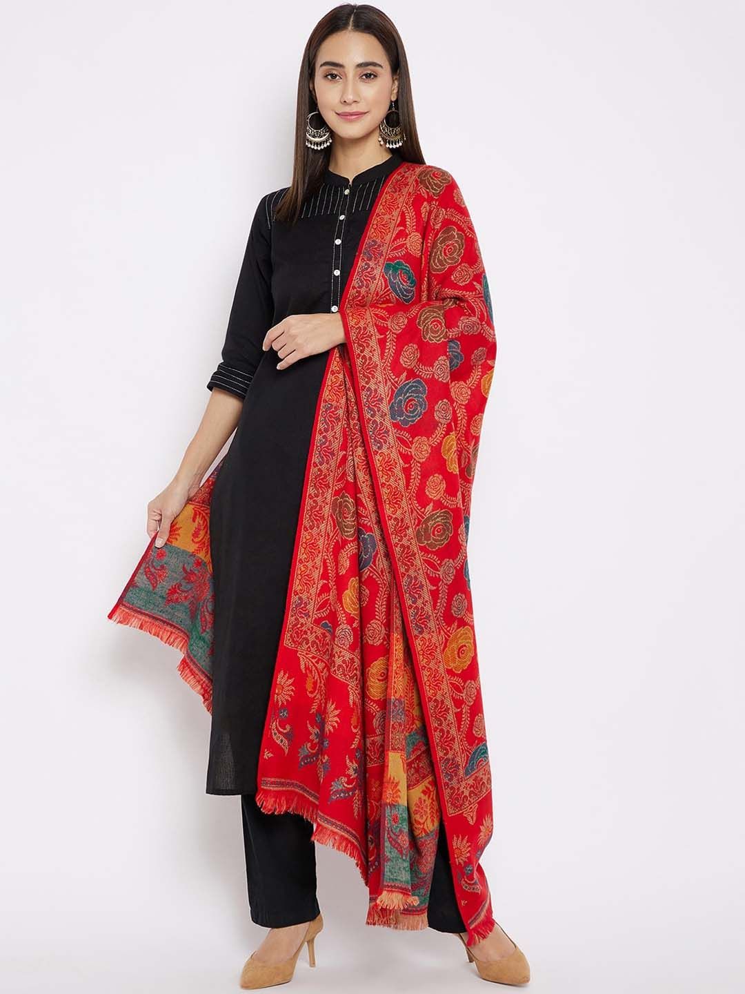 VERO AMORE Women Red & Yellow Woven-Design Jacquard Shawl Price in India