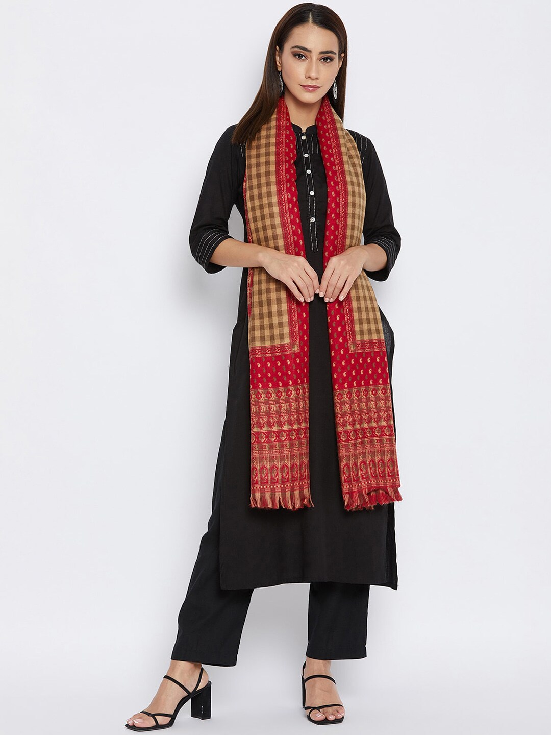 VERO AMORE Women Maroon & Beige Woven-Design Jacquard Shawl Price in India