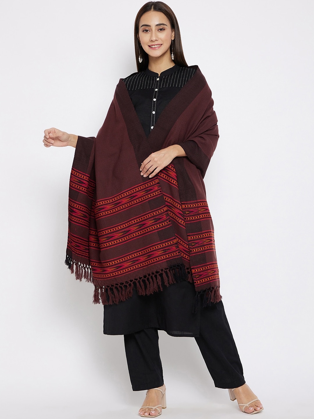 VERO AMORE Women Brown & Maroon Woven Design  Jacquard Kullu Shawl Price in India