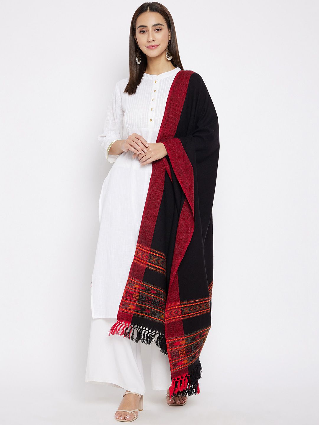VERO AMORE Women Black & Red Woven-Design Jacquard Kullu Shawl Price in India