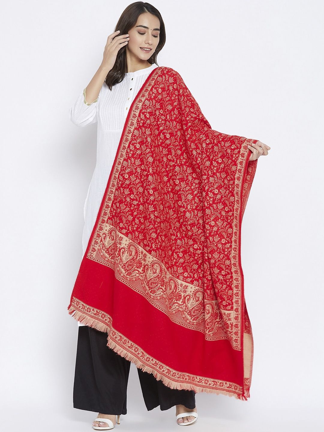 VERO AMORE Women Red & Beige Woven-Design Jacquard Shawl Price in India