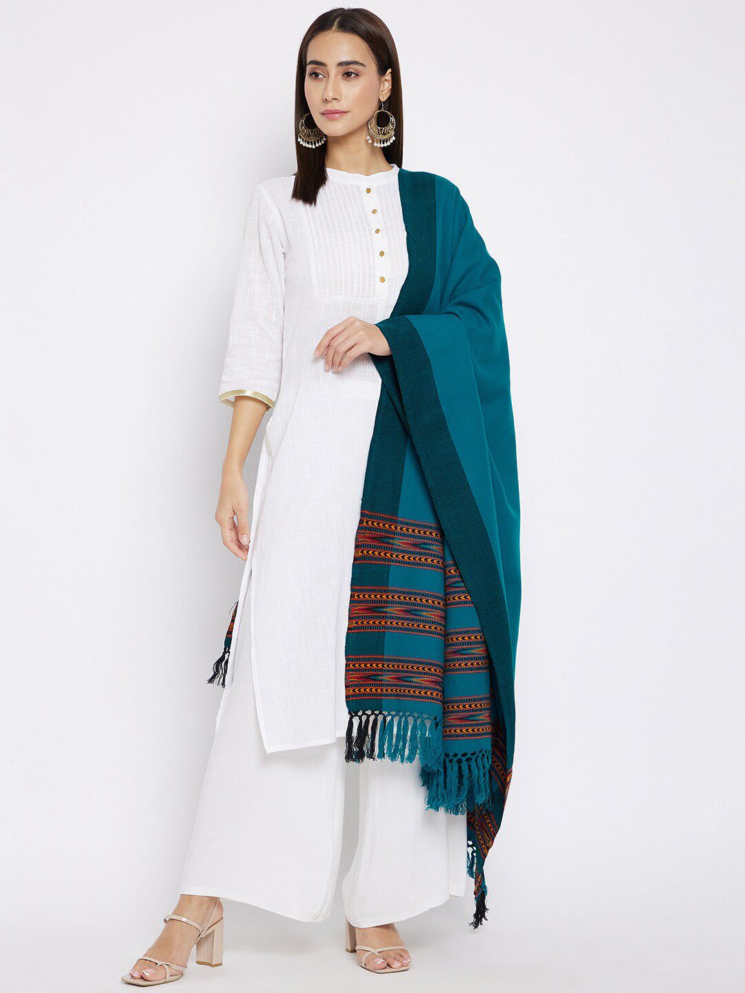 VERO AMORE Women Teal-Blue & Black Woven-Design Jacquard Kullu Shawl Price in India