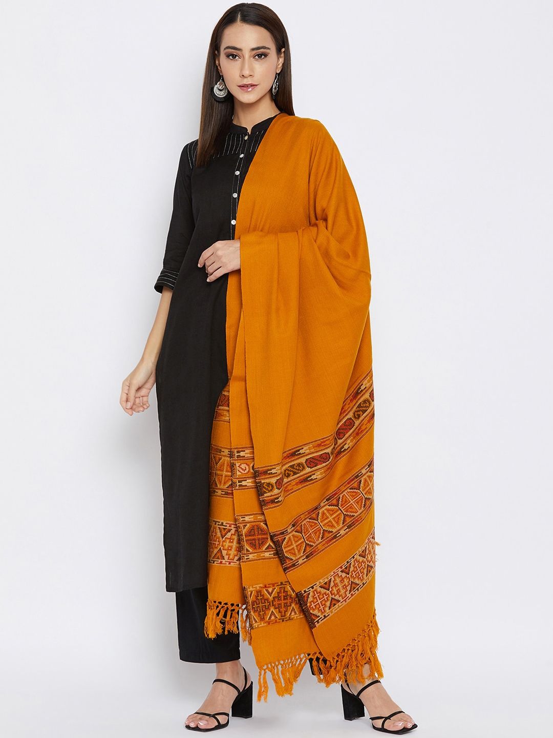 VERO AMORE Women Mustard-Yellow & Brown Woven-Design Jacquard Kullu Shawl Price in India