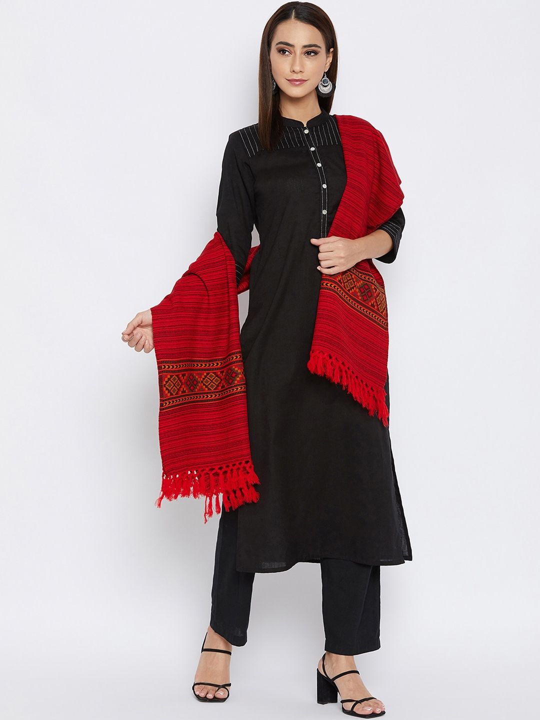 VERO AMORE Women Red Woven Design Jacquard Kullu Shawl Price in India