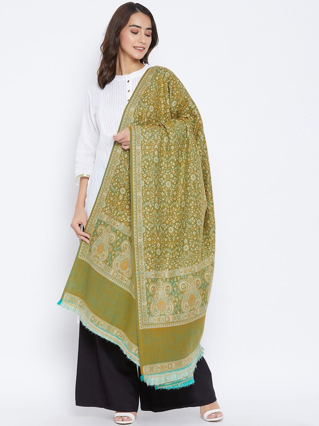 VERO AMORE Women Yellow & Beige Woven-Design Jacquard Kullu Shawl Price in India