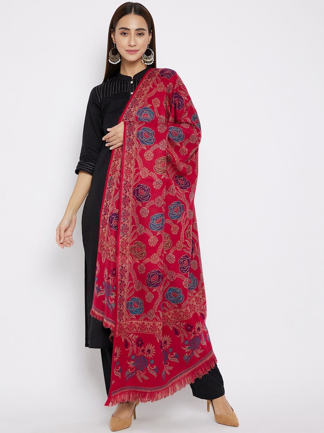 VERO AMORE Women Magenta-Pink & Blue Woven-Design Jacquard Shawl Price in India