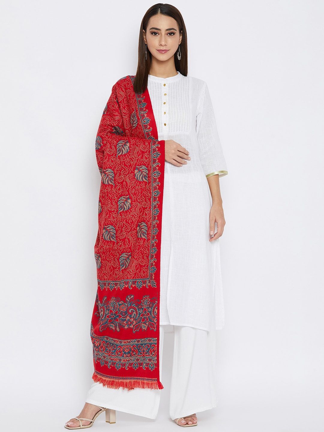 VERO AMORE Women Red & Blue Woven Design Shawl Price in India