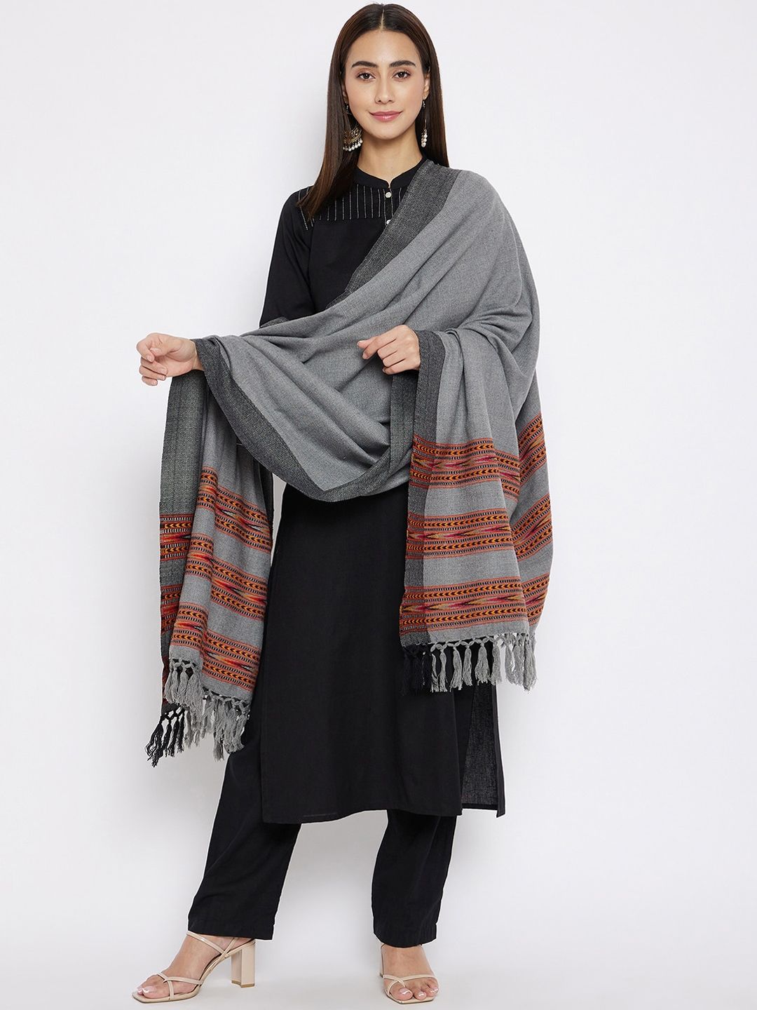 VERO AMORE Women Grey & Orange Woven-Design Jacquard Kullu Shawl Price in India
