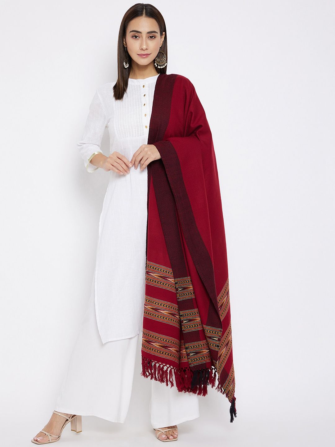 VERO AMORE Women Burgundy Woven Design Jacquard Shawl Price in India