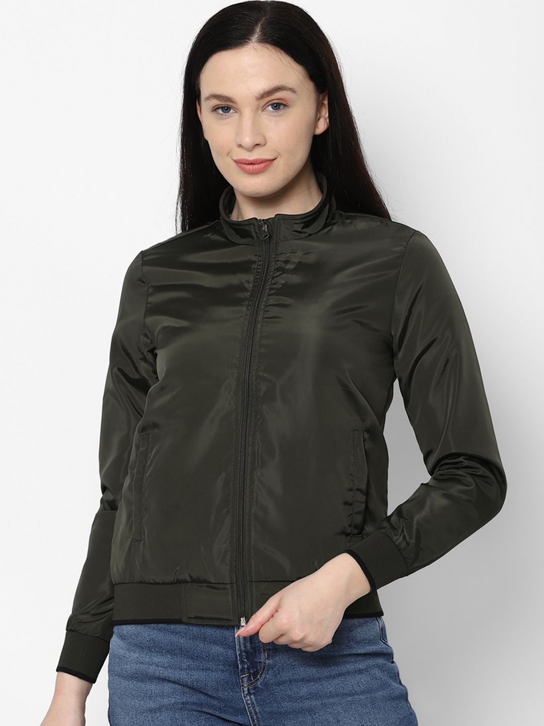 Allen Solly Woman Women Olive Green Bomber Jacket Price in India