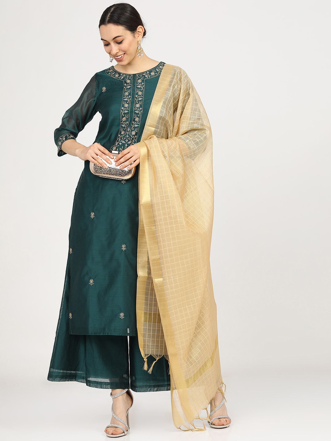 Vishudh Women Olive Green Embroidered Chanderi Cotton Kurta& Palazzos & Dupatta Price in India