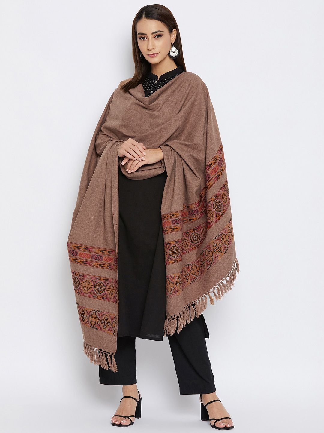 VERO AMORE Women Camel Brown & Yellow Woven Design Jacquard Shawl Price in India