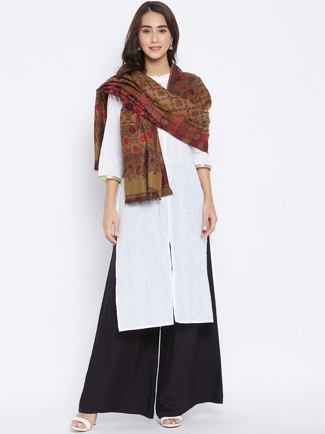 VERO AMORE Women Camel-Brown & Maroon Woven Design Jacquard Shawl Price in India