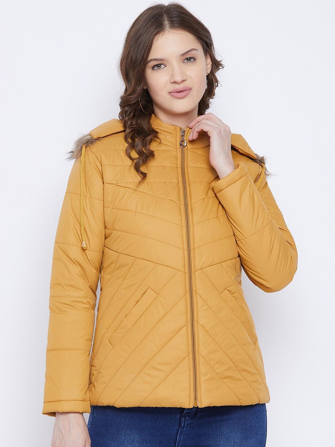 VERO AMORE Women Mustard Solid Insulator Puffer Hooded Jacket with Faux Fur Trim Price in India