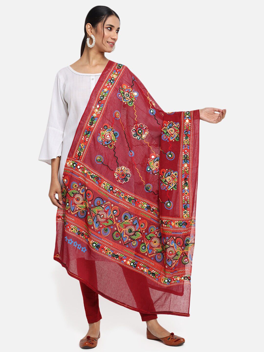 Vastraa Fusion Maroon & Blue Ethnic Motifs Embroidered Pure Cotton Dupatta with Mirror Work Price in India