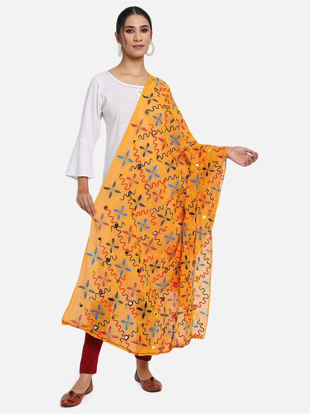 Vastraa Fusion Mustard & Blue Embroidered Pure Cotton Dupatta with Mirror Work Price in India