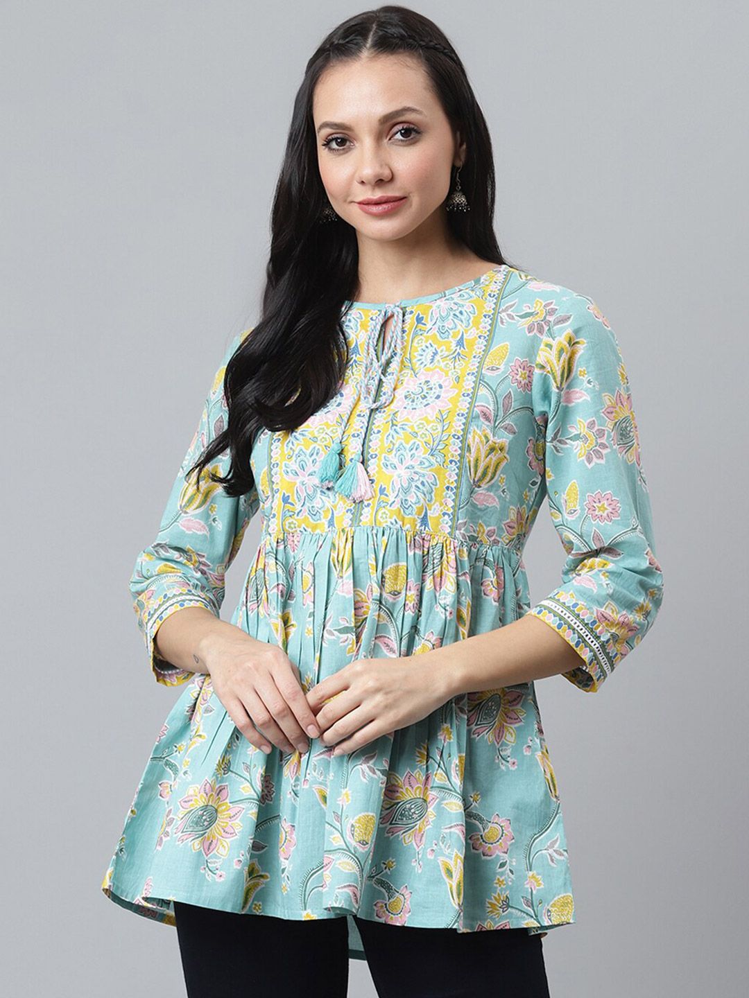 QOMN Sea Green & Yellow Tie-Up Neck Pure Cotton Empire Top