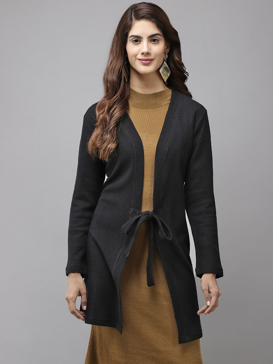 Cayman Women Black Solid Longline Tie-Up Shrug Price in India