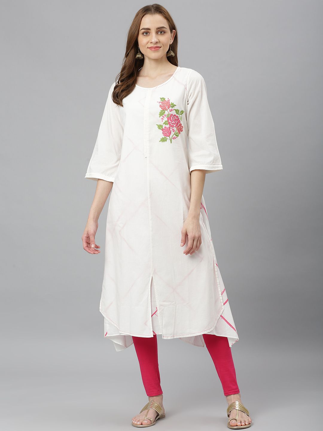 Lakshita Women Pink Floral Embroidered Pure Cotton Kurta Price in India